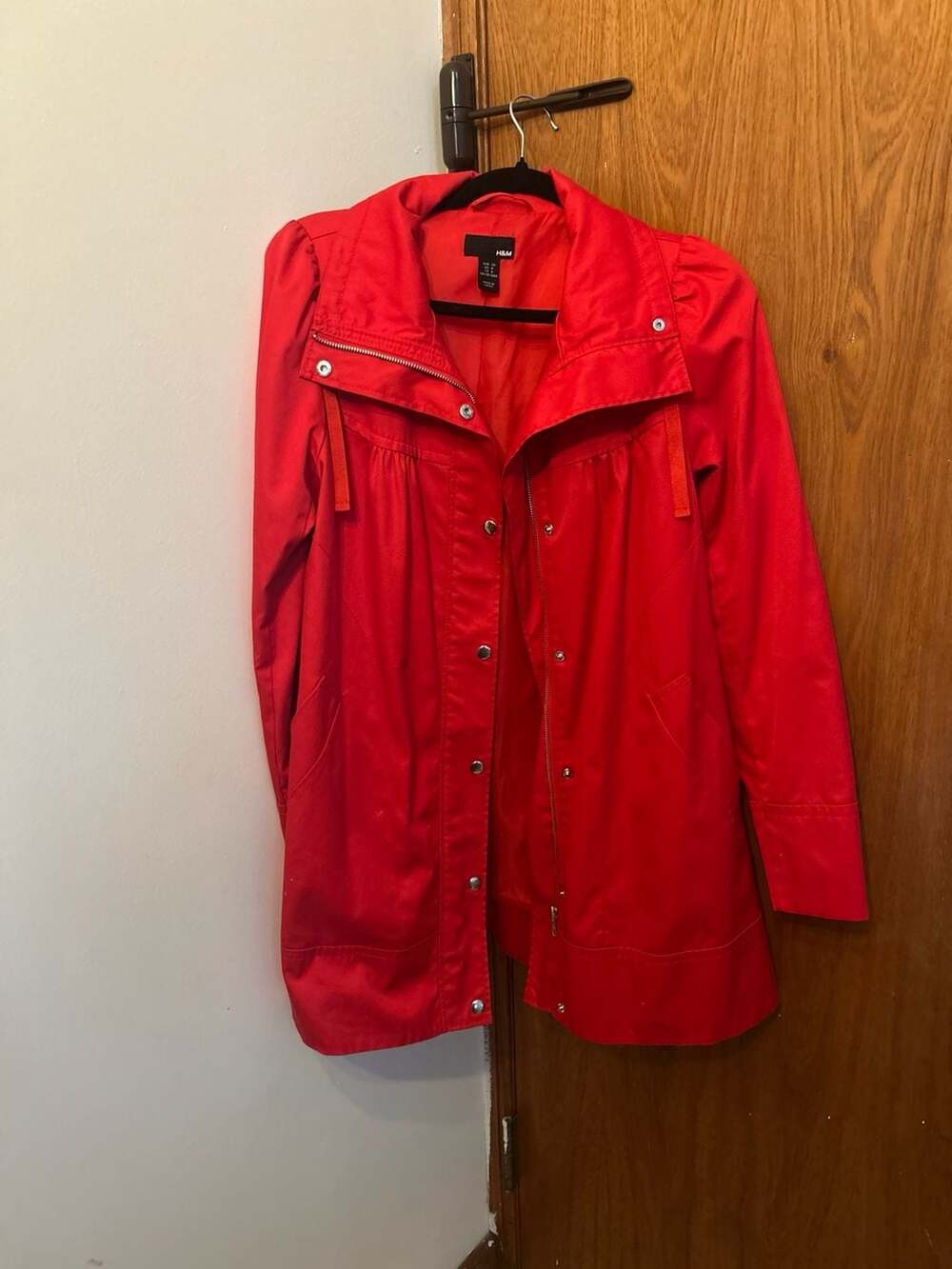 H&M Red Hooded Snap-Front Utility Rain Jacket
